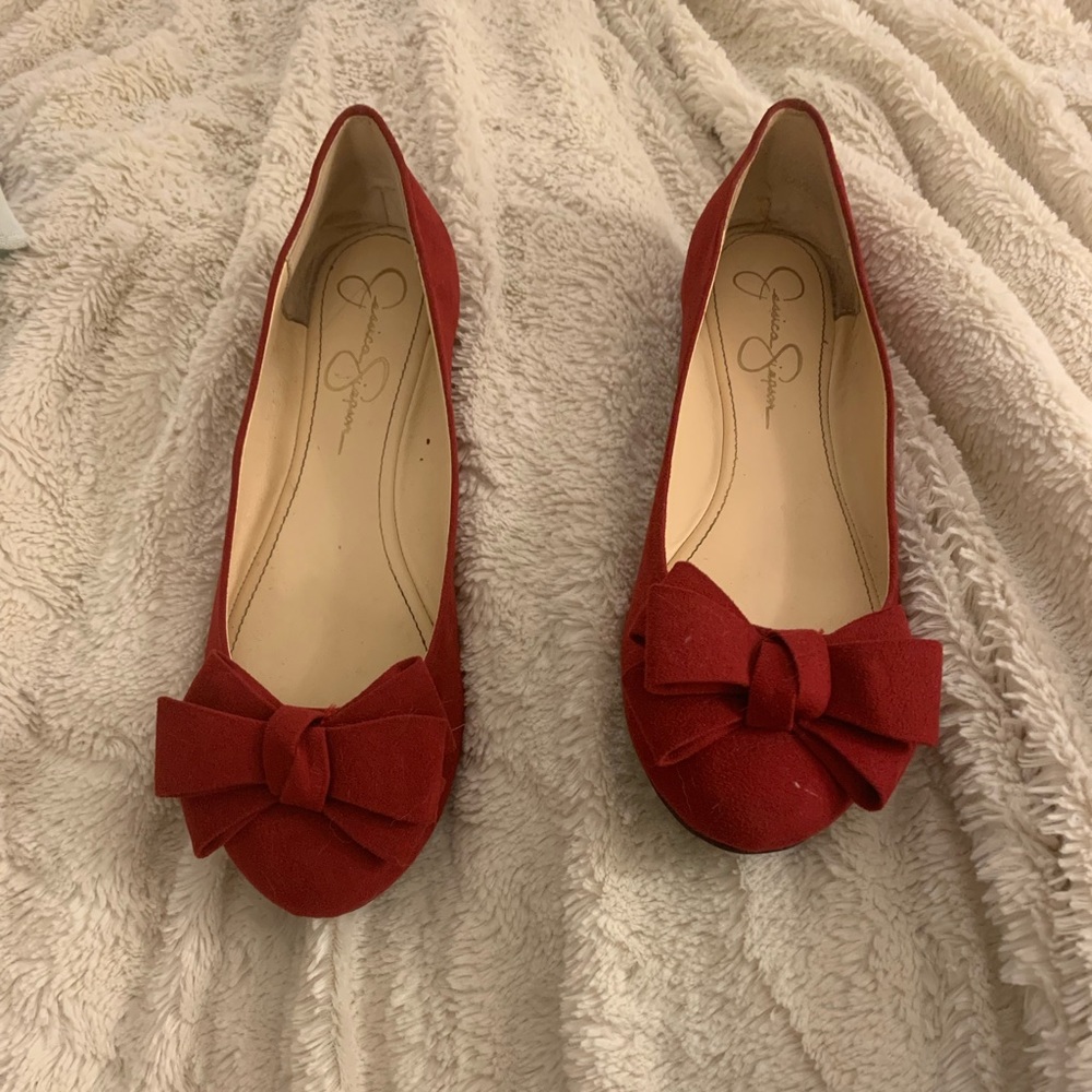 Dark red suede flats with bow
